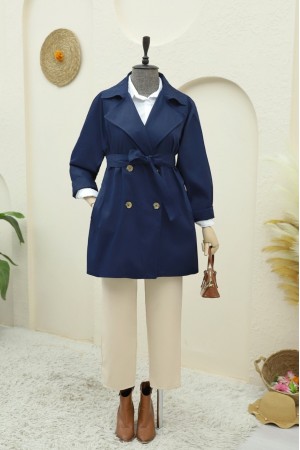 Bolero Detailed Buttoned Mid-length Trench Coat -Navy blue