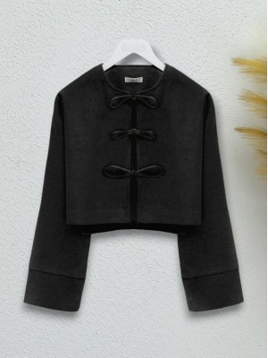 Önü Bağcıklı Kaşe Ceket -Siyah