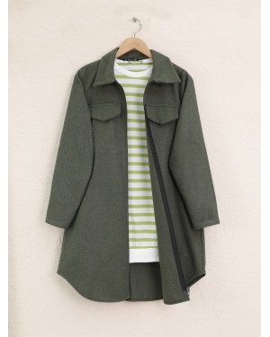 Zippered Cashmere Coat with Side Pockets -Khaki