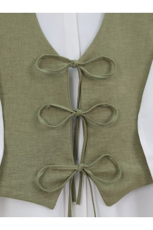 Front Tie Vest Trousers Two Piece Set -Khaki