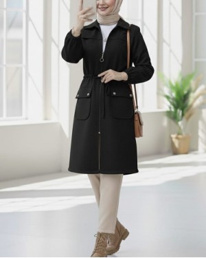 Elastic Sleeve Top Button Pocket Zippered Cashmere Coat -Black