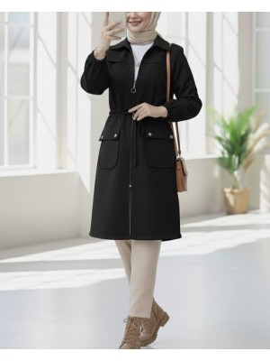 Kolu Lastikli Top Düğme Cepli Fermuarlı Kaşe Kap -Siyah