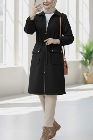 Kolu Lastikli Top Düğme Cepli Fermuarlı Kaşe Kap -Siyah