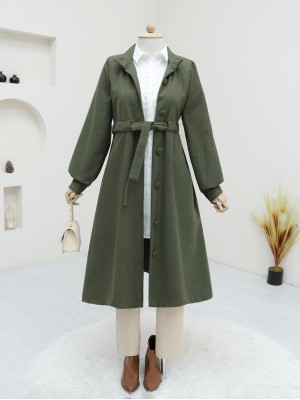 Belden Bağlamalı Top Düğmeli Kaşe Kaban -Haki