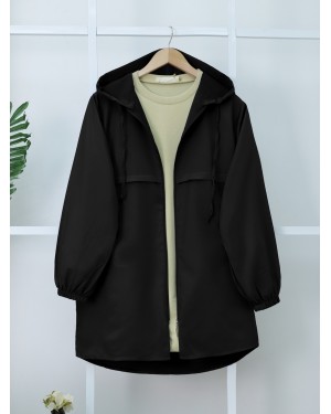 Zippered Hooded Arabboy Raincoat Trench Coat -Black