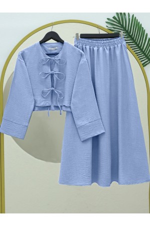 Linen Suit with Elastic Waist and Lace-Up Skirt -Light blue