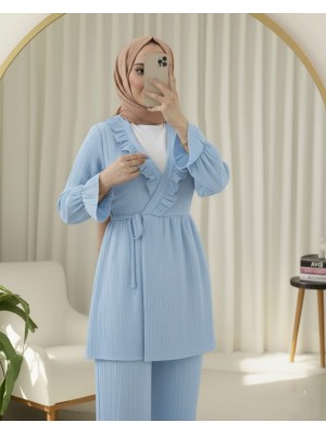 Kolu Lastikli Önü Fırfırlı Bağcıklı Krinkıl Kimono Takım -Mavi