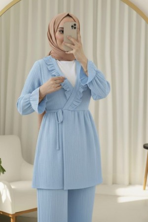 Kolu Lastikli Önü Fırfırlı Bağcıklı Krinkıl Kimono Takım -Mavi