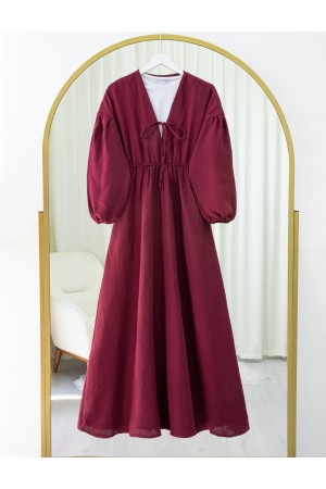 Yakası Bağlamalı Kolu Ve Beli Lastikli Müslin Elbise -Bordo