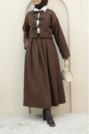 Pileli Etekli Önü Bağlamalı Kaşe Takım -Kahve