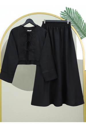 Linen Suit with Elastic Waist and Lace-Up Skirt -Black