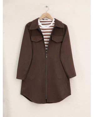 Zippered Cashmere Coat with Side Pockets -Brown