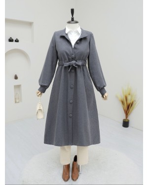 Waist-Tied, Top-Buttoned Cashmere Coat -Smoked 