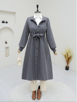 Belden Bağlamalı Top Düğmeli Kaşe Kaban -Füme