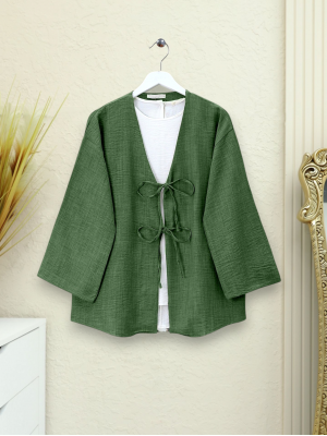 Önü Bağcıklı Keten Kimono -Koyu Yeşil