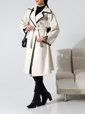 Shepherd's Stitch Waist-Tied Cashmere Coat -Ecru