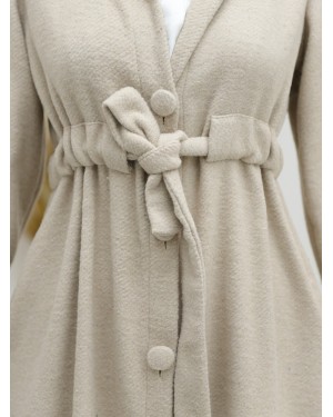 Waist-Tied, Top-Buttoned Cashmere Coat -Ecru