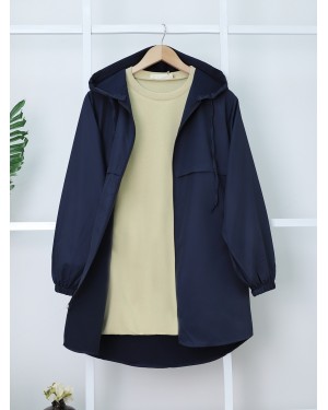 Zippered Hooded Arabboy Raincoat Trench Coat -Navy blue