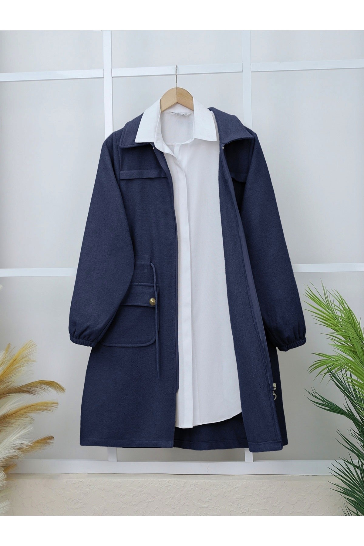 Elastic Sleeve Top Button Pocket Zippered Cashmere Coat -Navy blue