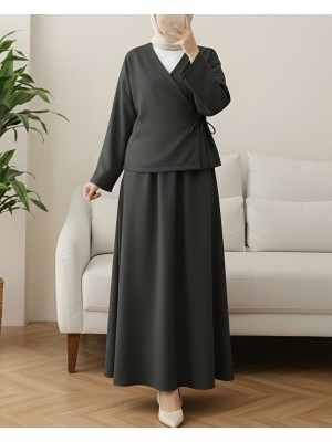 Önü Bağcıklı Etekli Yün Efekt Kışlık -Antrasit