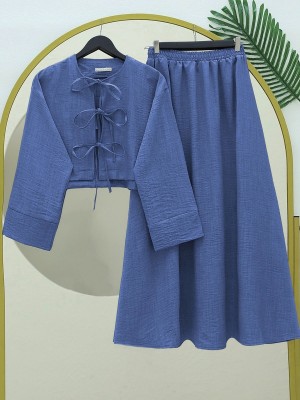 Önü Bağcıklı Beli Lastikli Etekli Keten Takım   -Mavi