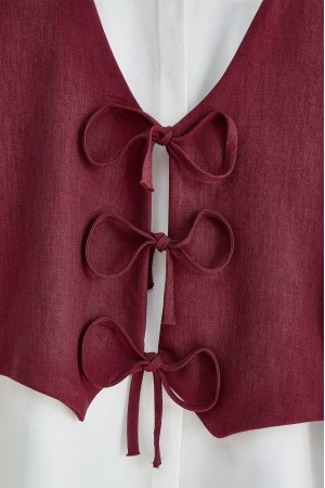 Önü Bağlamalı Yelek Pantolon İkili Takım   -Bordo