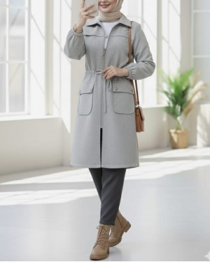 Elastic Sleeve Top Button Pocket Zippered Cashmere Coat -Smoked 