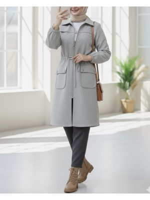 Kolu Lastikli Top Düğme Cepli Fermuarlı Kaşe Kap -Füme