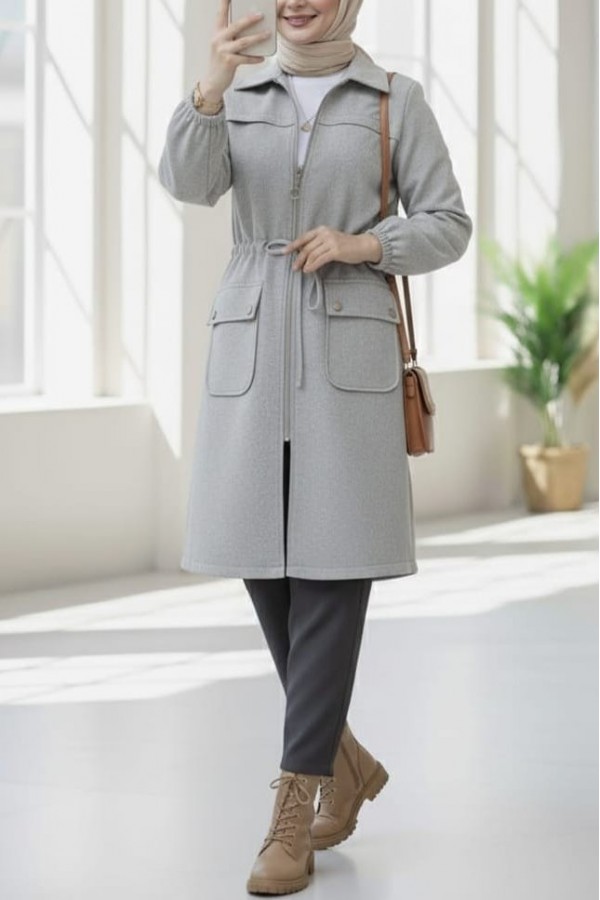 Elastic Sleeve Top Button Pocket Zippered Cashmere Coat -Smoked 