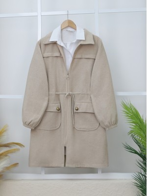 Kolu Lastikli Top Düğme Cepli Fermuarlı Kaşe Kap -Taş