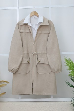 Kolu Lastikli Top Düğme Cepli Fermuarlı Kaşe Kap -Taş