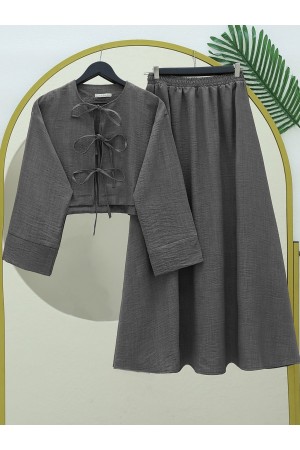 Önü Bağcıklı Beli Lastikli Etekli Keten Takım  -Antrasit
