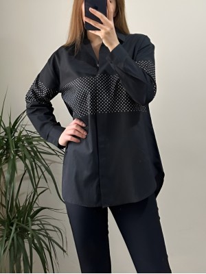 Önü Taşlı Poplin Gömlek -Siyah