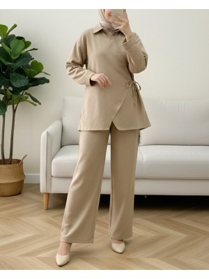 Çapraz Düğmeli Yandan Bağlamalı Yün Efekt Takım  -Vizon