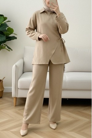 Çapraz Düğmeli Yandan Bağlamalı Yün Efekt Takım  -Vizon