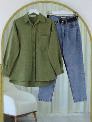 Tek Cepli Düğmeli Keten Gömlek -Haki