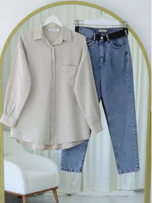 Tek Cepli Düğmeli Keten Gömlek -Taş