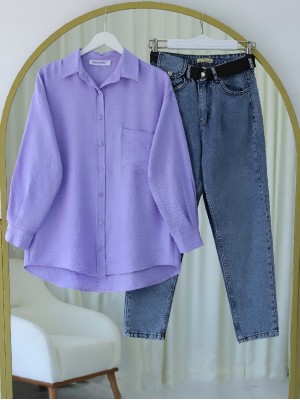 Tek Cepli Düğmeli Keten Gömlek -Lila