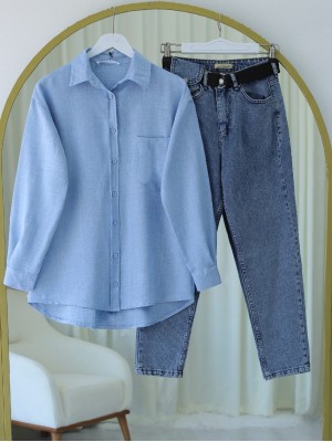Tek Cepli Düğmeli Keten Gömlek -Bebe Mavi