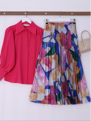 Desenli İnce Pliseli Beli Lastikli Etek -Fuşya