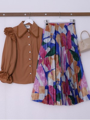 Desenli İnce Pliseli Beli Lastikli Etek -Fuşya