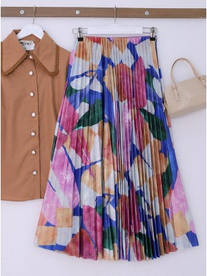 Desenli İnce Pliseli Beli Lastikli Etek -Fuşya