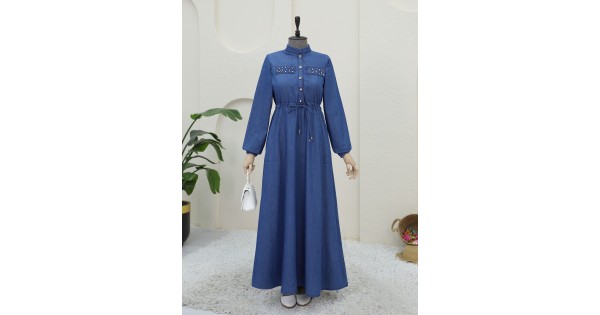 Stone Pocket Detailed Tunnel Laced Denim Dress