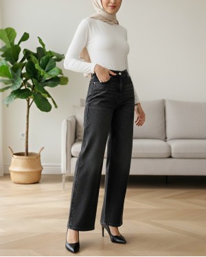 High Waist Lycra Wide Leg Jeans with Pockets -Black