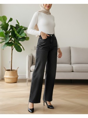 بنطال جينز واسع الساق من الليكرا بخصر عالٍ وجيوب -أسود