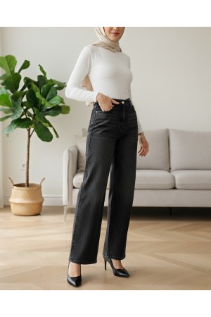 High Waist Lycra Wide Leg Jeans with Pockets -Black