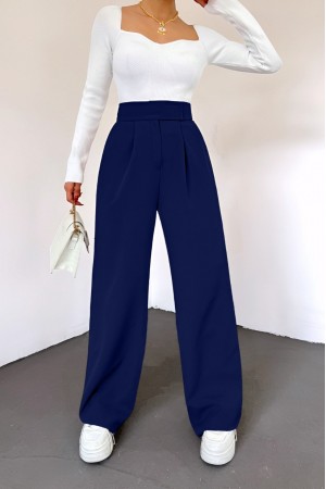 Belt Velcro Pleated Wide Leg Trousers   -Navy blue