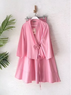 Gül Broşlu Yandan Bağlamalı Ceket Etek Keten Takım -Pembe