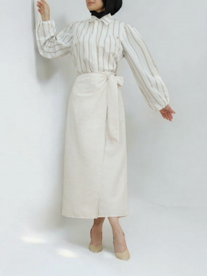 Yandan Bağlamalı Keten Etek -Bej