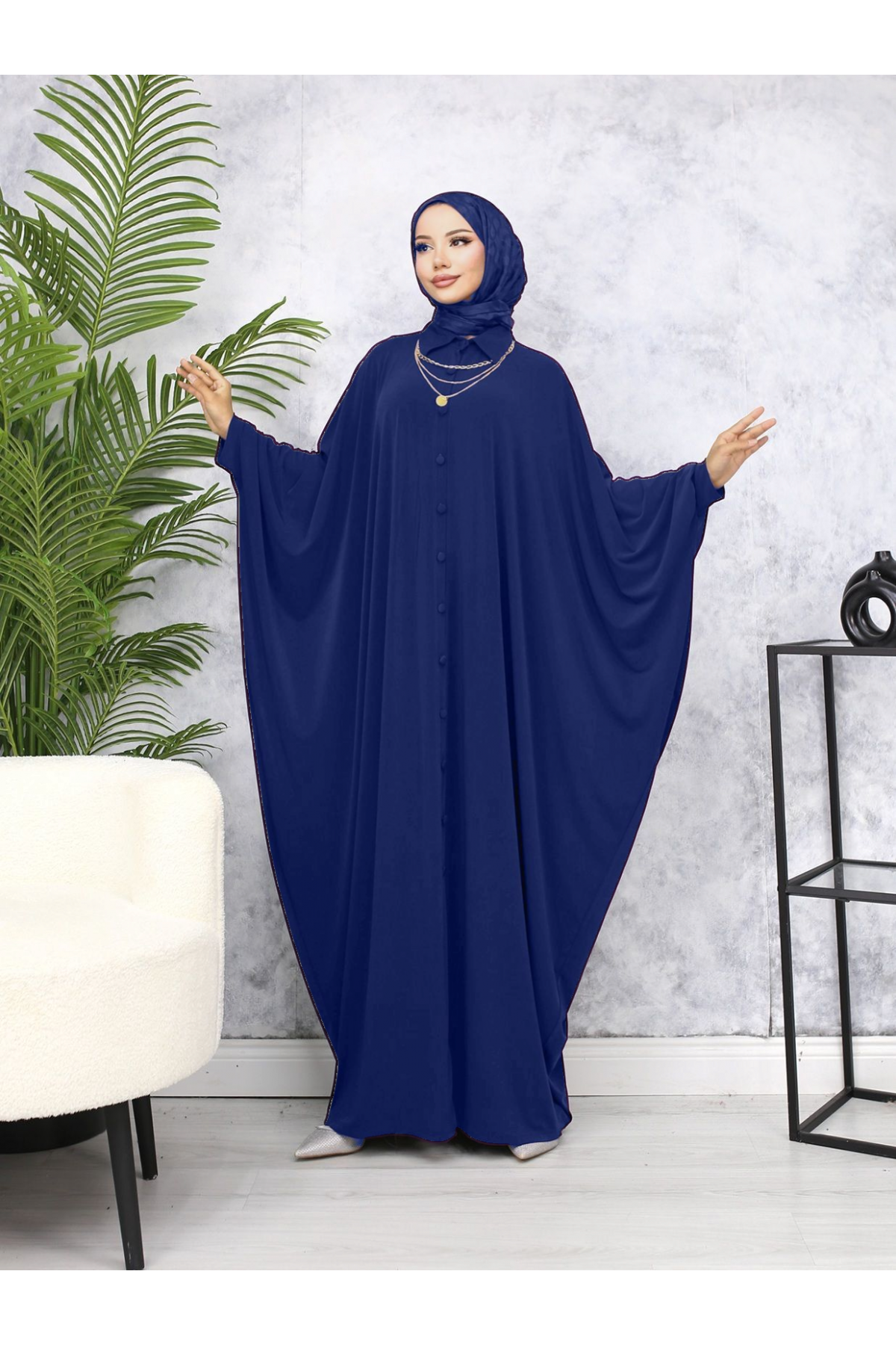 Sandy Abaya with Buttoned Bat Sleeves -İndigo